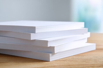 Stack of clean blank white paper resting on a smooth wooden surface, ready for writing, drawing, or printing tasks in a bright and organized workspace
