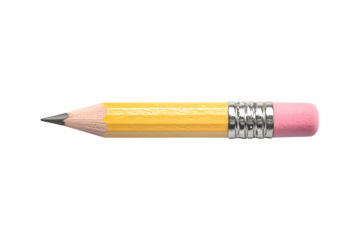 Bright yellow pencil with graphite tip and pink eraser, featuring a metal ferrule and wooden shaft