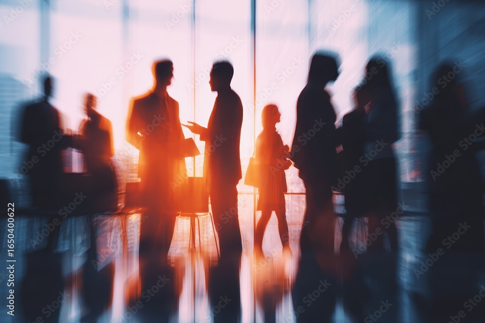 Poster Networking event taking place in a modern corporate setting with blurred silhouettes of professionals engaged in conversation during sunset hours