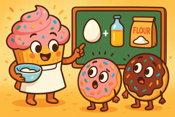 Naklejka premium Cute cartoon vector illustration of a cupcake and donuts baking together using flour in a fun and colorful kitchen setting.
