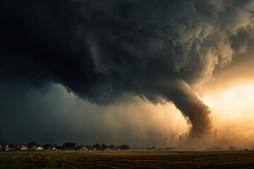 Obraz premium Massive ominous tornado forms during summer storm over rural landscape threatening nearby houses and fields