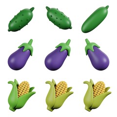 Colorful 3D Vegetable Set with Cucumber Eggplant and Corn Cob Cartoon Style Illustrations for Food and Healthy Eating Concepts