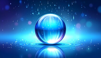 Glowing Blue Orb in Abstract Rain Effect Background.