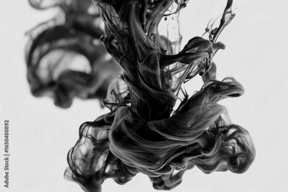 Poster swirl of black ink combines with clear water in a glass creating captivating patterns and textures, 