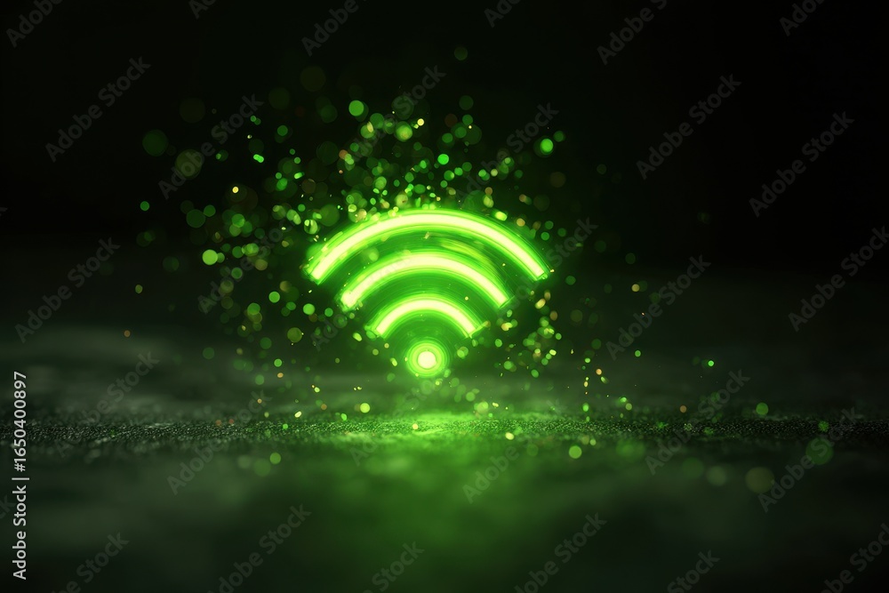 Poster glowing green wifi symbol illuminated by neon light creating an attractive and modern visual effect 