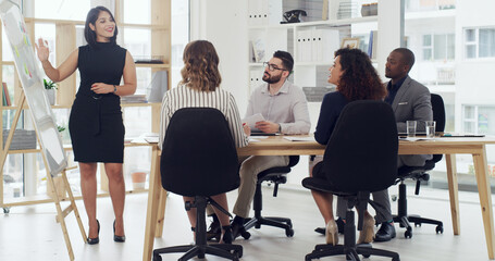 Boardroom, speaker and woman with team, presentation or planning for funding proposal or...