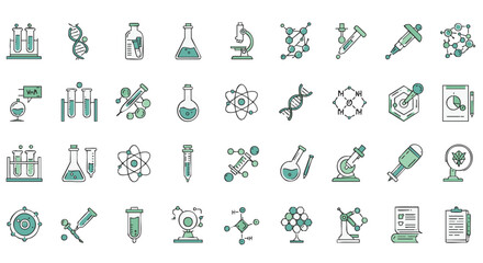 Set of science and research icons in clean and modern design, representing chemistry, biology, and physics concepts, perfect for medical or educational materials