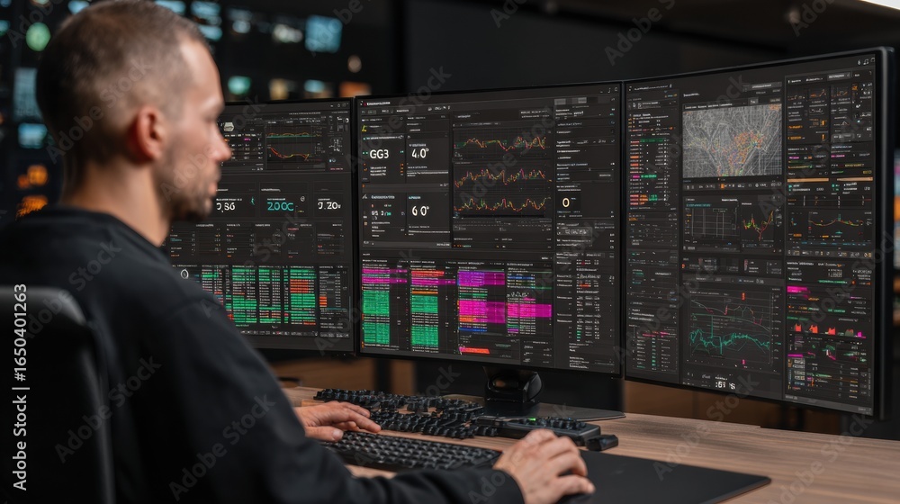 Poster trader analyzing market data on multiple screens in a modern trading environment