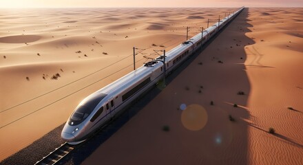 Sleek silver high-speed train travels through vast orange desert sand dunes at sunset with overhead power lines
