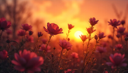 a field of pink flowers backlit by a warm, golden sunset. The flowers are in focus, while the background is blurred, creating a soft and dreamy atmosphere.