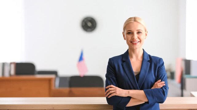 Confident female lawyer in courtroom offering legal solutions, defense, and representing rights