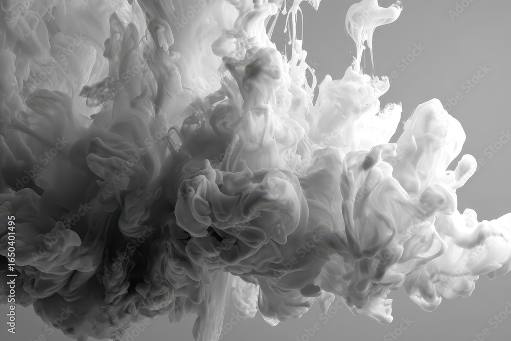 Poster swirling white fog and ink create a mesmerizing abstract display in a soft, muted atmosphere, evokin
