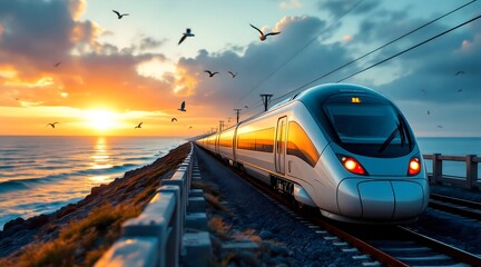 Sleek white high speed train travels along a coastal track at sunset with birds flying overhead transportation