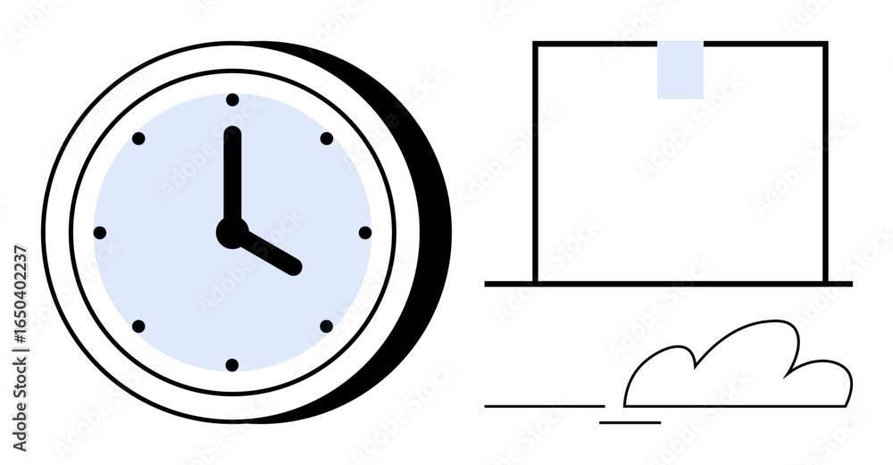 Poster clock alongside a closed package and a cloud element representing delivery, punctuality, and workflo