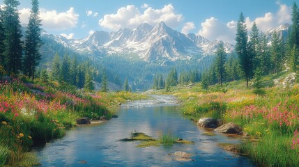 Naklejka premium Mountain stream in a vibrant meadow