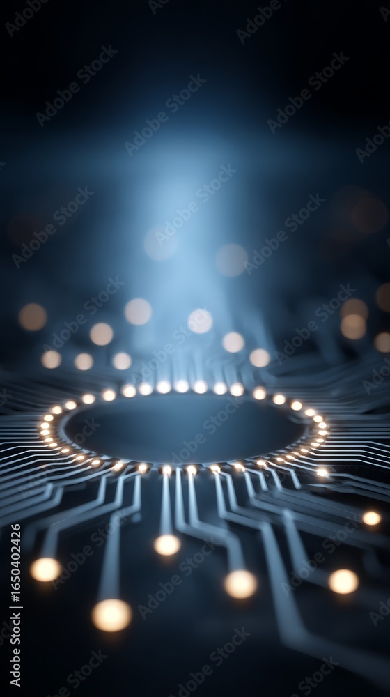 Poster futuristic integrated circuit board with glowing blue and green led lights showing data processing o