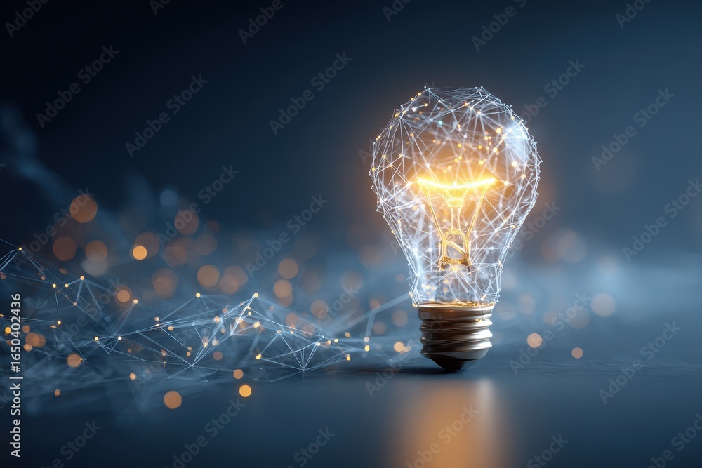 Poster glowing light bulb illuminating network connections in a dark environment showcasing creativity and 