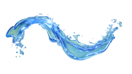 Liquid arc flying mid-air, dynamic perspective, blue transparent glow