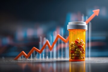 Prescription bottle on a table with a financial stock market graph illustrating a rising trend in investment performance over time