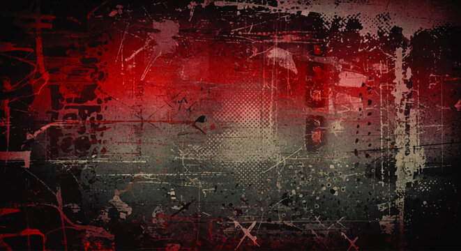 Abstract grunge texture with red and dark tones, layered with faded imagery and markings.