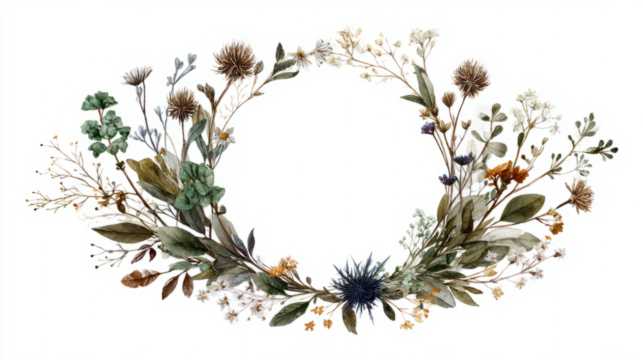 Botanical watercolor wreath with wild herbs and flowers, circular layout, empty center
