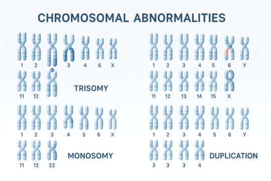 Vector medical illustration of chromosomal abnormalities including trisomy, monosomy, and duplication with clearly labeled chromosomes and numbers.