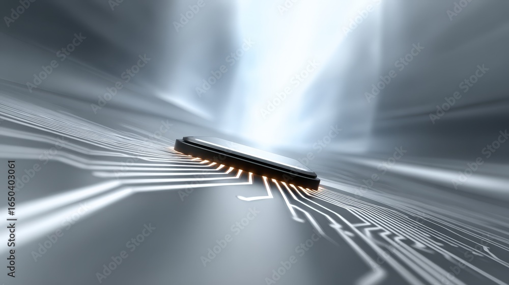 Poster detailed macro photograph of a powerful central processing unit computer chip on a clean white surfa