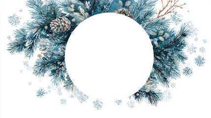 Cold winter-themed round frame of watercolor pine and snowflakes