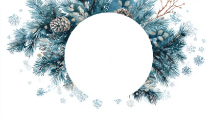 Cold winter-themed round frame of watercolor pine and snowflakes