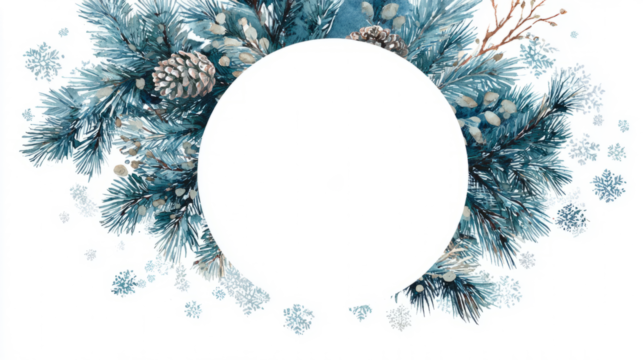Cold winter-themed round frame of watercolor pine and snowflakes