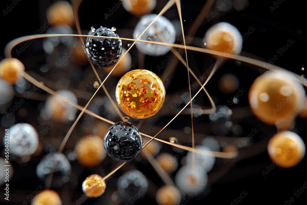 Poster illustration depicting the structure of an atom with orbiting electrons in various shades of color, 