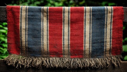 Woven blanket with red, blue, and cream stripes
