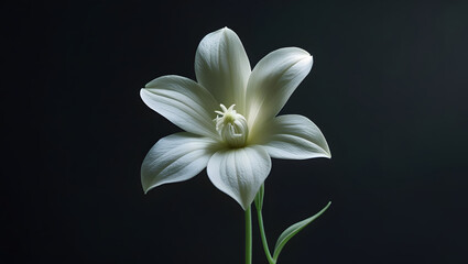 Naklejka premium Cinematic photo of a solitary delicate white flower with intricate petals and subtle texture against a deep black background, captured with shallow depth for softness, evoking serenity, depth, and sim