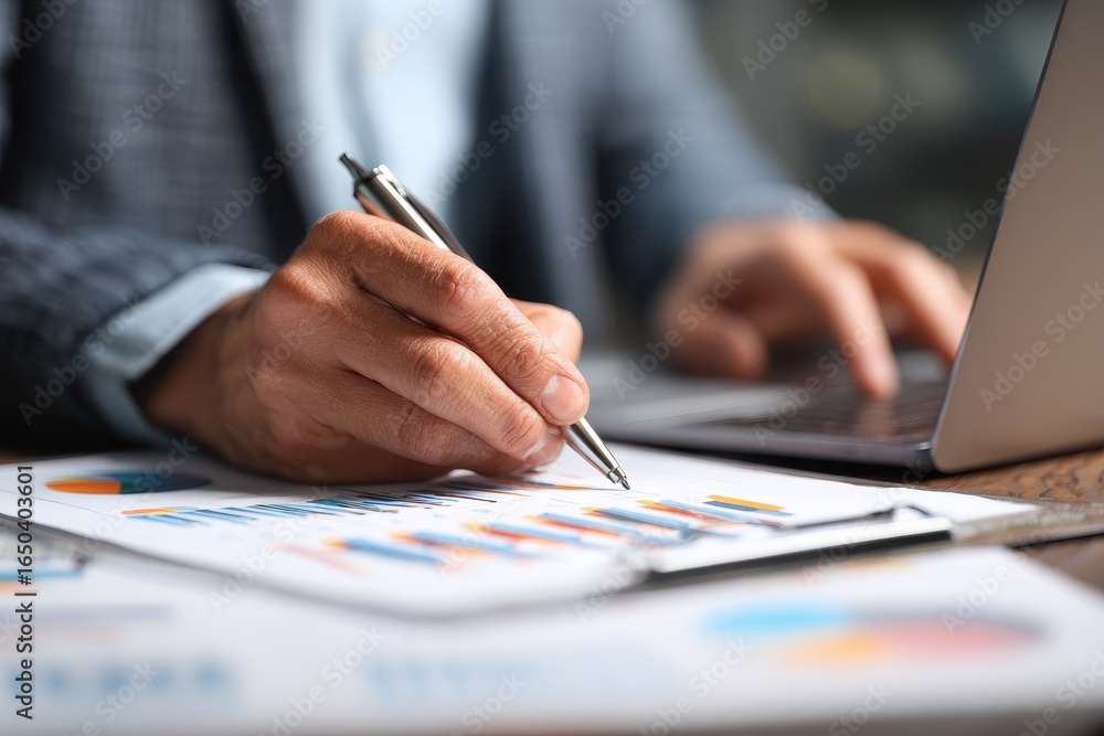 Aufkleber close up of man analyzing graphs and charts while using a laptop in a modern office during the day