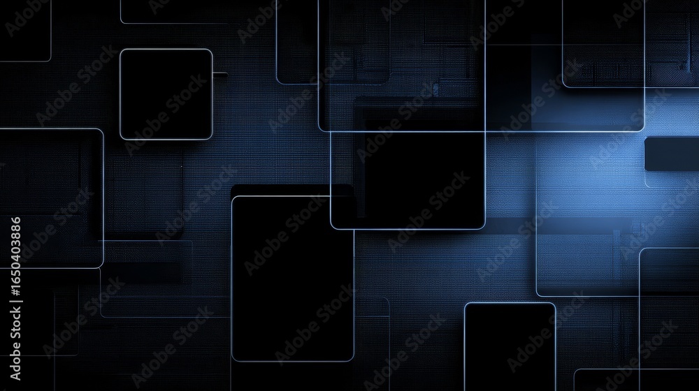 Poster modern abstract artwork showcasing a geometric pattern of squares and shapes on a deep blue canvas a