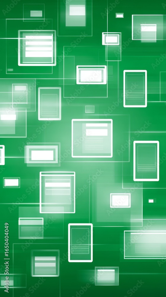 Poster dynamic abstract green background design featuring a complex geometric pattern of tiled squares and 