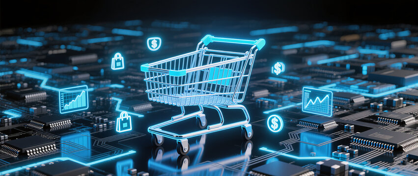 An empty blue metal shopping cart is ready for business on a black background, representing a concept of e-commerce