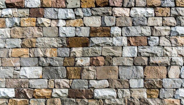 A textured wall of varying-sized, multi-hued stone blocks