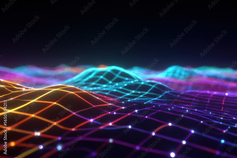 Poster vibrant waves of neon light undulating through a low landscape of dynamic energy and color, creating