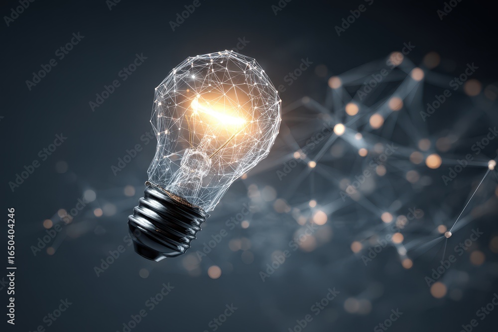 Poster bright glowing light bulb connected to a network of glowing nodes, symbolizing innovation and digita