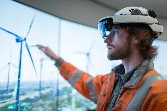 Engineer interacts with AI holographic tools for renewable energy project visualization in a high-tech workspace