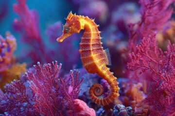 Vibrant sea horse among colorful coral formations in a thriving underwater paradise