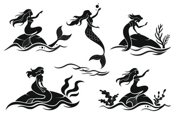 Mermaid silhouettes, mermaid vector for fantasy designs, ocean themed artwork, elegant mermaid poses. Ideal for tattoos, marine life illustrations, aquatic themes 