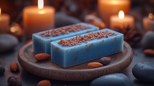 Blue soap bars, rustic setting