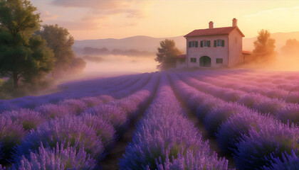 a field of lavender with a house in the distance. The scene is bathed in a soft, warm light, with a layer of mist adding a dreamy quality.