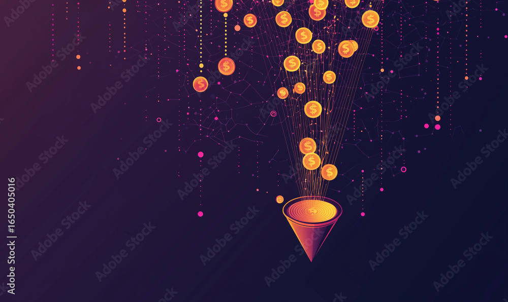 Aufkleber image of a digital funnel with dollar symbols flowing into it, representing financial investment or 