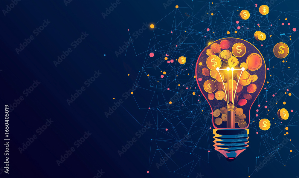 Poster a lightbulb filled with coins and connected dots symbolizing ideas and wealth against a dark backgro