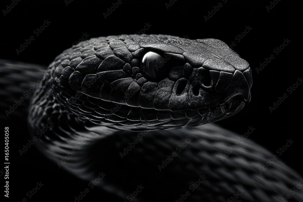 Poster realistic black snake with intricate scales emerging against a dark background, highlighting its cap