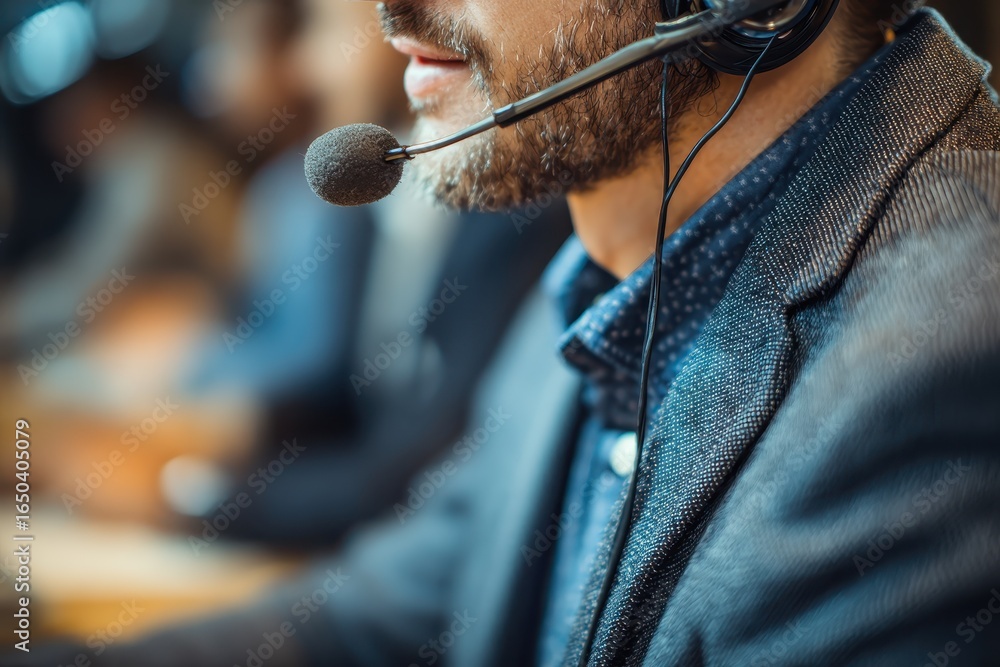 Poster man engaged in a telemarketing call within a busy call center environment during working hours