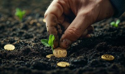 A hand plants a Bitcoin coin in soil beside a sprouting seedling, symbolizing investment growth.